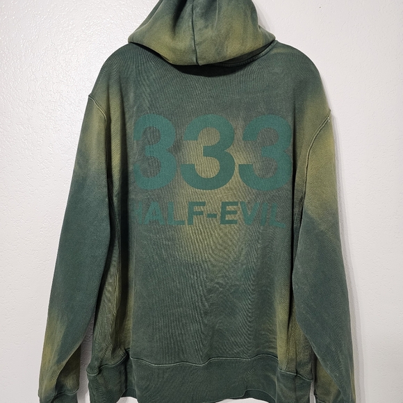 333 Half-Evil Hoodie XL Green Distressed Acid Wash Skater Streetwear Pullover - Picture 3 of 11